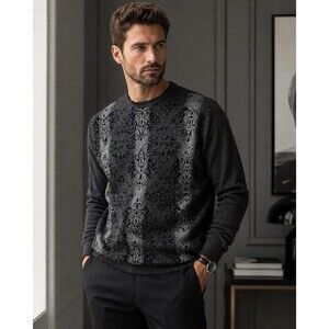 Nanibon Cashmere Blend Sweater Men’s XL 54 Gray Flocked Damask Made Italy